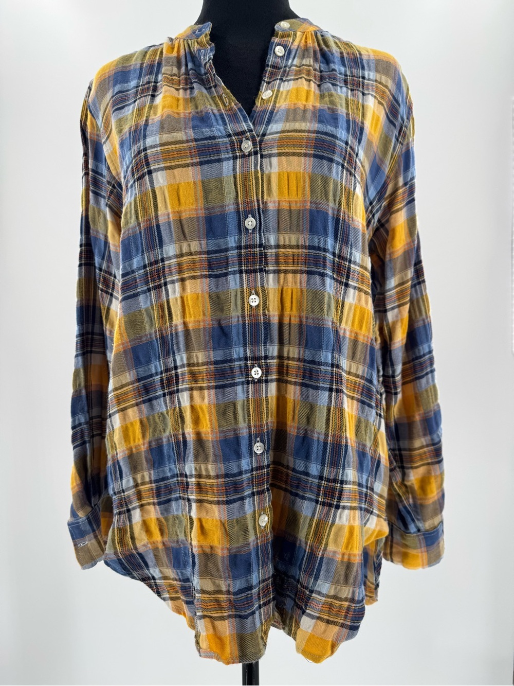 Closed Plaid Popover Shirt Crinkled Cotton Viscose Blue Mustard XXS